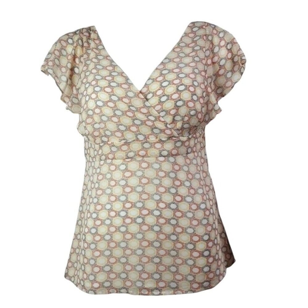 Ann Taylor Loft‎ Top Shirt Womens Size 6 Yellow Red Gray Geometric Short Sleeve